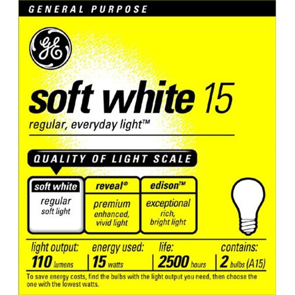 Ge Lighting 2 Pack 15 Watt Soft White Standard Incandescent Light Bulb  97491, Current, Mfr#: 97491